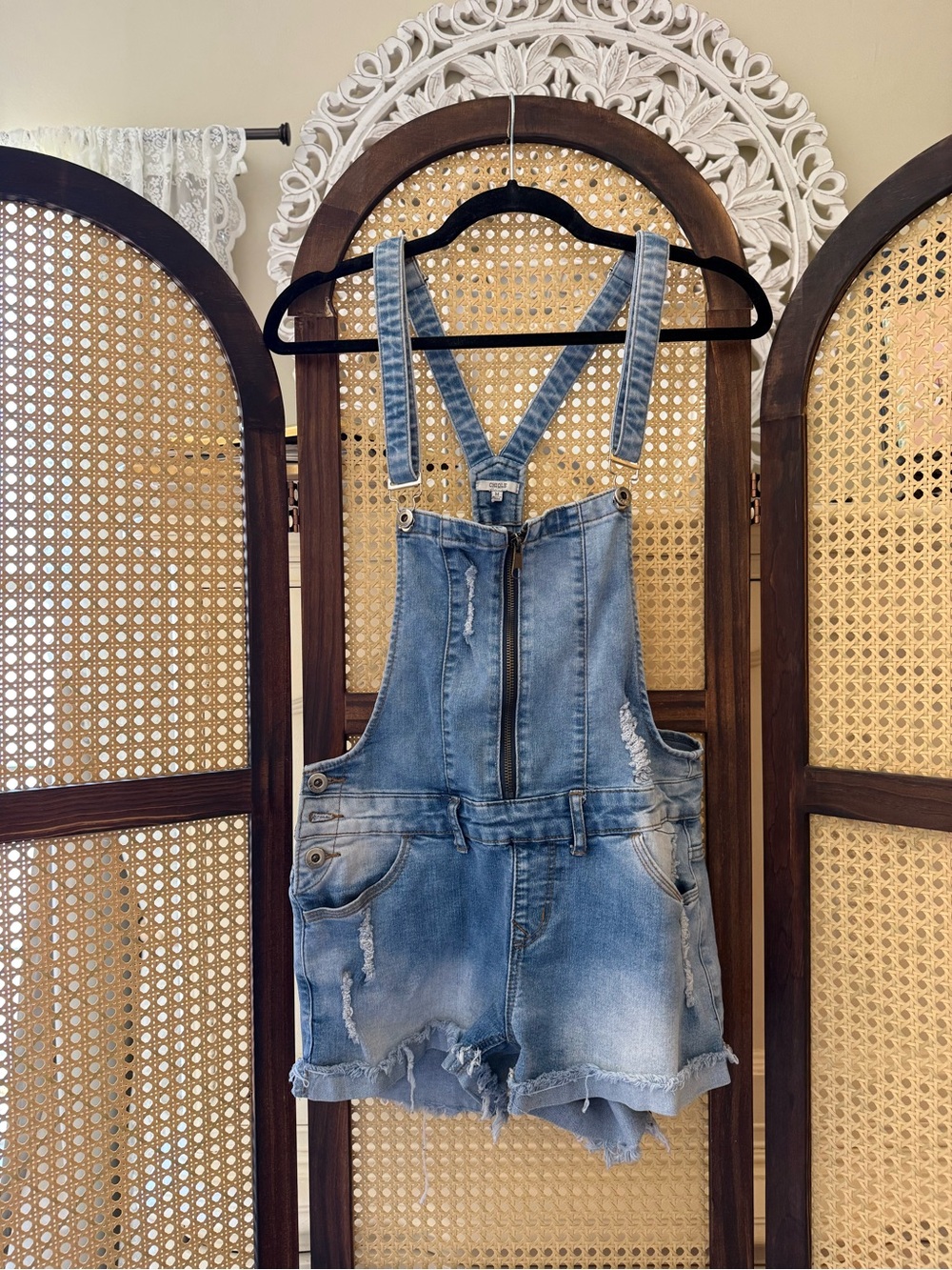 Denim Short Overalls - Light Blue Distressed Women’s Shorts